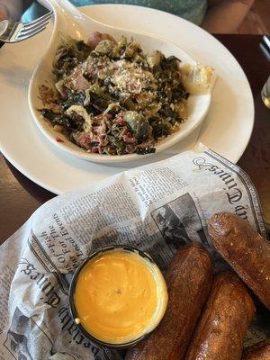 Irish Greens with Corned Beef and  Pretzel Fries.