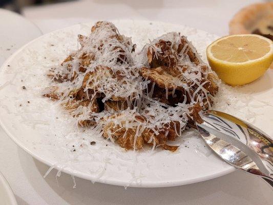 Fried artichokes, cacio e pepe