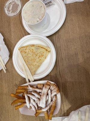 Funnel cake fries, cheese crepe, clam chowder