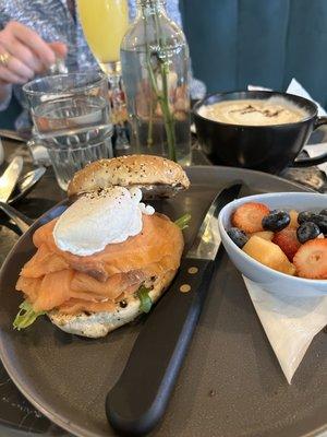 Salmon Bagel, fruit, large latte French vanilla