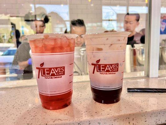 Left: Strawberry Hibiscus Tea ($4.95), Right: Thai Tea ($4.95)