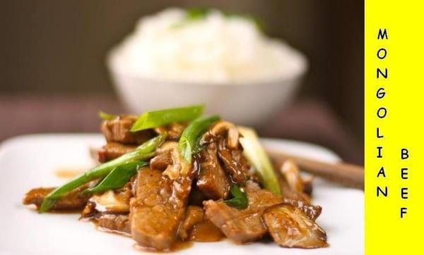 Mongolian Beef ---- sliced beef, typically flank steak, and stir-fried with vegetables in a savory brown sauce