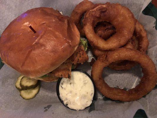 Fish sandwich and onion rings