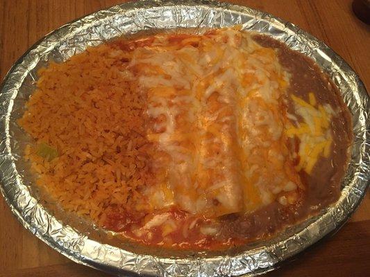 Chicken enchilada dinner.  When you order your food to go it comes packaged up really nicely and wrapped in tin foil so it stays hot.