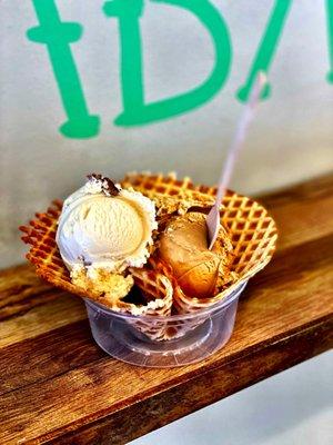 Butter pecan and caramel macchiato in a waffle bowl