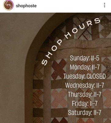 Screenshot of Hoste business hours from their IG. (7/10/23)