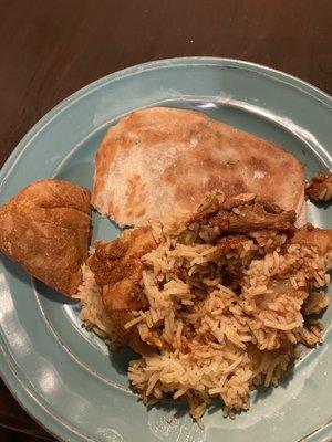 Vegan Samosa, Chicken Masala Curry Over Basmati Rice, Naan