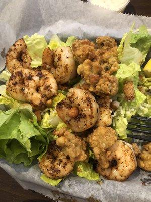 Caesar salad w/blackened shrimp & fried oysters:-)