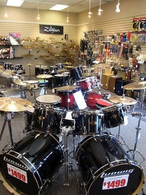 Drums and percussion from Ludwig, Latin Percussion, Zildjian, Sabian, and others.