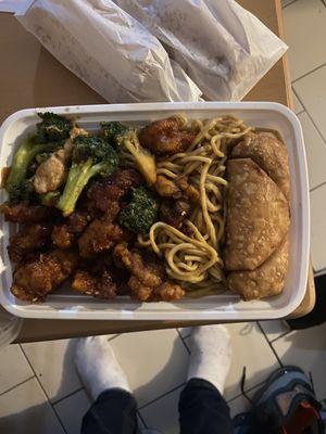 C13. General Tso's Chicken with  broccoli  , and Plain Lo Mein