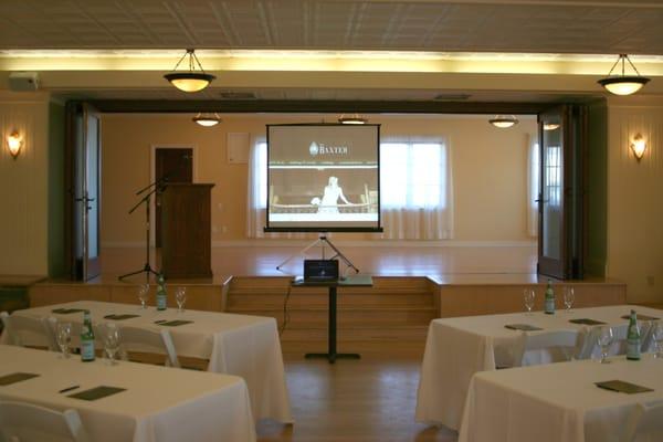 Newly renovated Ballroom with arched windows and beautiful maple floors offers an elegant venue for any gathering. Full service