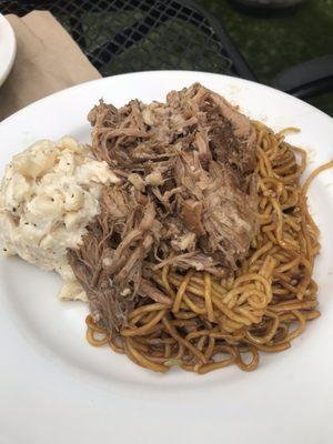 Kalua Pig, fried noodles, Macaroni Salad