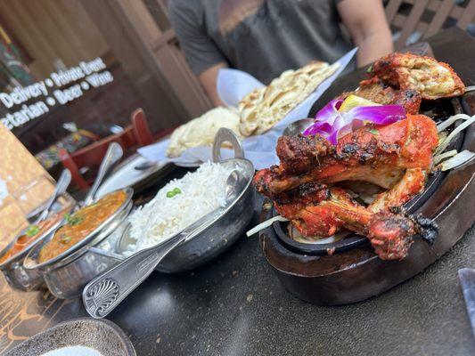 Tandoori chicken, Shrimp coco curry, Chicken tikka masala, Naan