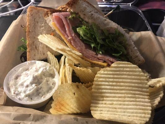 Woohoo!  What an awesome meal!  Cafe Sandwich with chips and onion dip; pesto bites and strawberry cake so fresh you can feel the sunshine!