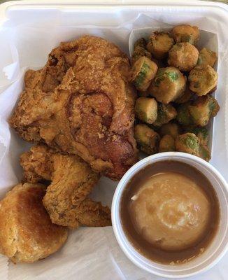 2 PC Flavored White Meat, fried okra, mashed potatoes and gravy, honey biscuit