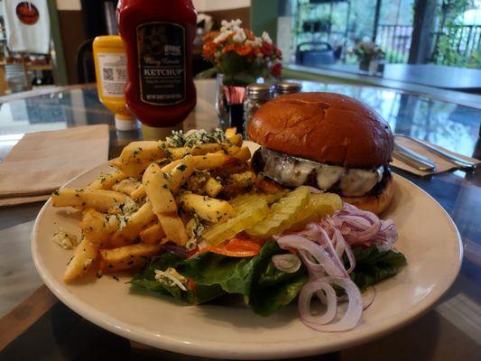 Cheeseburger with garlic fries