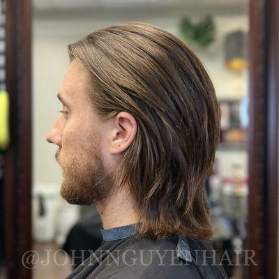 Gentlemen's Medium Length, shag, textured flow to the back, behind the ears. Styled with @1821manmade PASTE. #johnnguyenhair #1821manmade