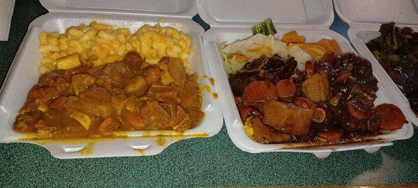 Curry goat & Mac n cheese
 Oxtail cabbage & yams