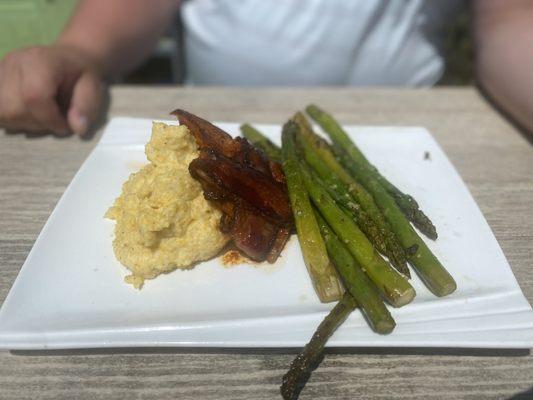 Honey Glazed Bacon Wrapped Halibut with cheese grits and asparagus