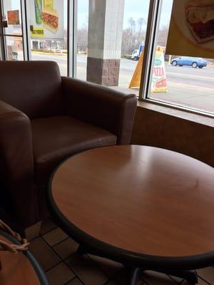 Upholstered chairs at this Subway!