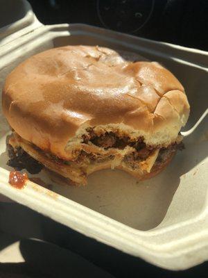 Chili burger with beans, onions and cheese. DELICIOUS!