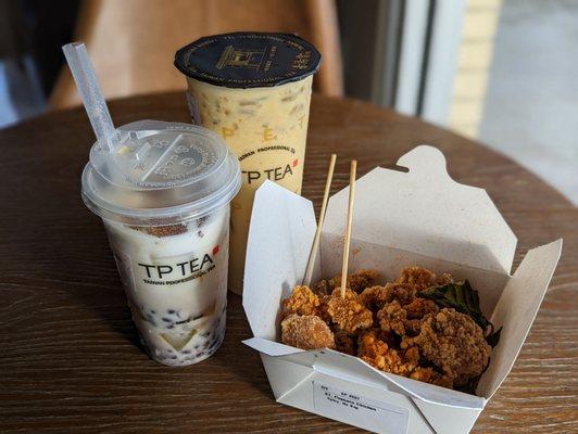 Childhood red bean golden jelly fresh milk, mango milk tea, popcorn chicken