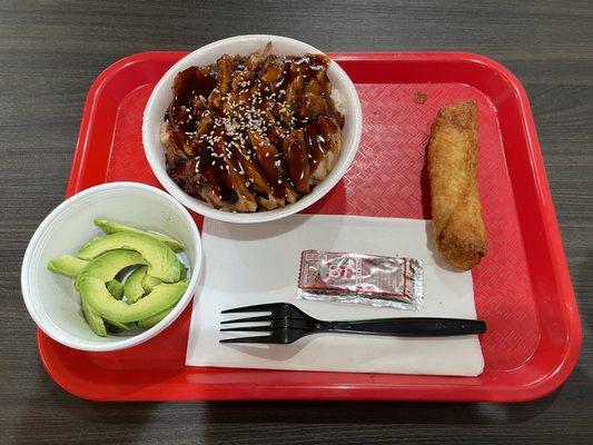 Teriyaki Bowl with Egg Roll and Avocado.