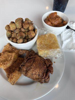 Chicken & Catfish combo w/fried okra,  yams, and cornbread