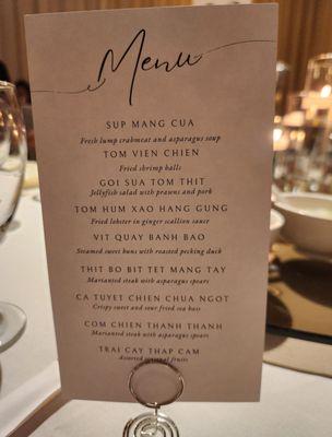 Menu for a wedding reception