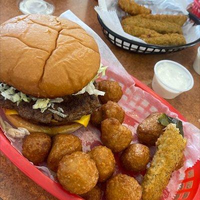 Fabulous burger ~ mushrooms and fried pickles!!