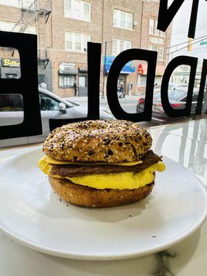 Steak, Egg, and Cheese on an Everything Bagel