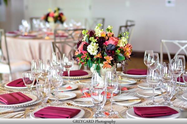 Tablescape in a wine & gold color palette/ Flowers by White Sakuras, Rentals from Fusion Decor & Signature Party Rentals