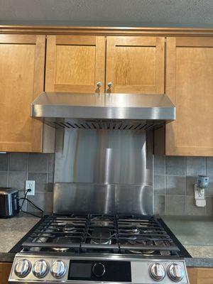 The range hood and the stainless steel back panel.