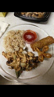 Basil chicken, egg roll, rice, crab rangoon