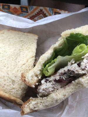 Chicken, cranberry almond salad sandwich