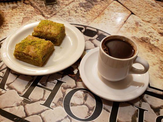 For dessert, pistachio baklava and a Turkish coffee.