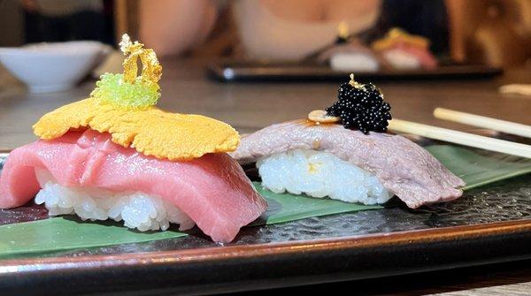 (LEFT) Toro with Uni topped with caviar plus gold flake  (RIGHT) Waygu topped with Caviar