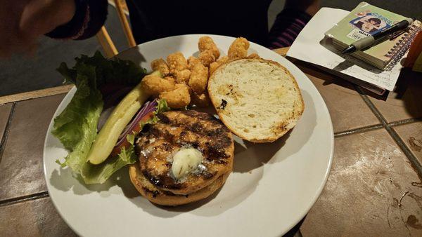 Salmon burger with tots