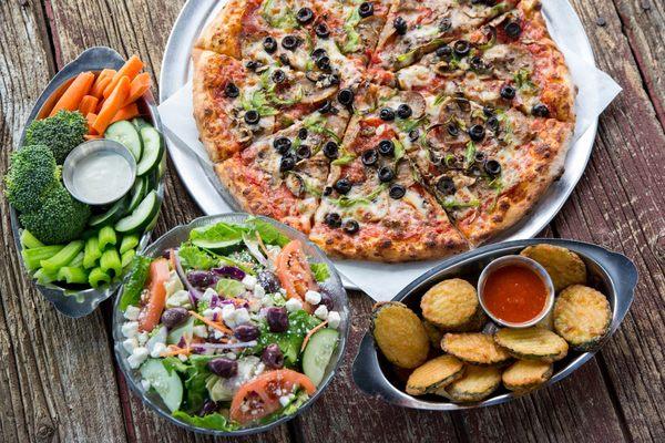 Supreme Pizza, Greek Salad, and Fried Zucchini with Marinara Sauce