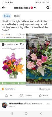 Left pic is the pic from their website of the bouquet, right is what they actually deliver. Pink. Didn't want pink.