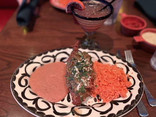 Chilli relleno and blood orange margarita (Notice the rice looks orange red, it wasn't it was normal Spanish rice color)