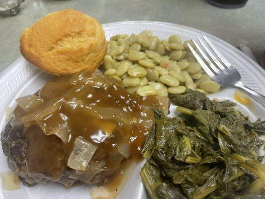 Hamburger steak, sweet cornbread, lima beans, greens