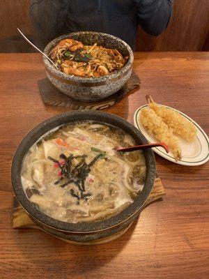 Udon soup; shrimp & rice dish.