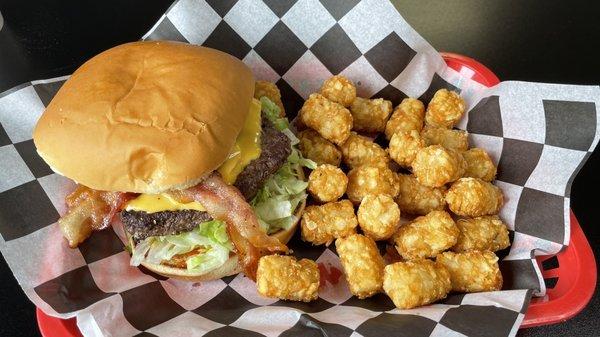 Bacon cheeseburger and tator tots