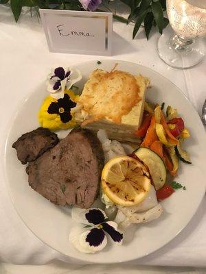 Dual plated dinner for our wedding (Beef Tenderloin, Roasted Cod, Roasted Vegetables, & Potato Dauphinoise)