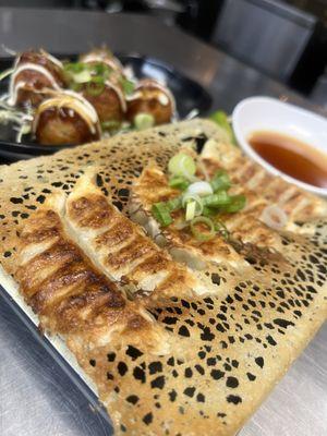 Left: Takoyaki.   Right: Pan-fried Gyoza