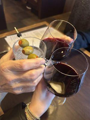 Grey goose martini and red wine