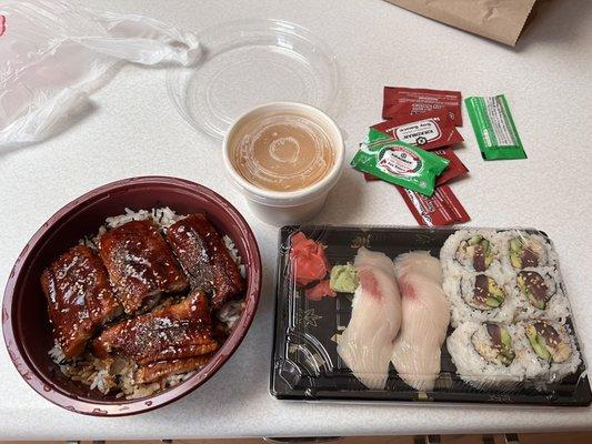 Unagidon, Hamachi Nigiri, and a roll i forgot with macadamia nuts