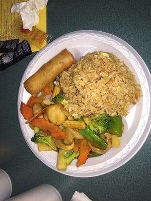 Hunan shrimp with fried rice and spring roll