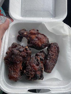 Disgusting!!!! Burnt chicken wings. Do not come here. How can you pack this for a customer????